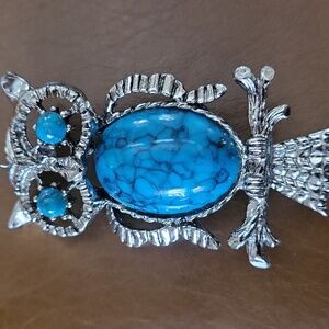 Gerrys Owl Brooch or Pendant With Simulated Turquoise Cabochon Silvertone